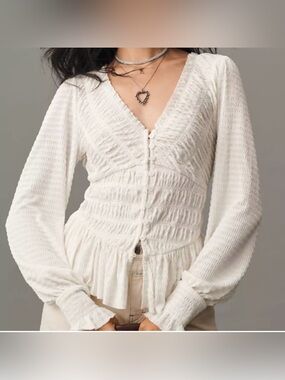 Anthropologie White Textured V-Neck Button-Front Peplum Top